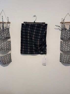 Plaid Ruched Mini Skirt in Black and Teal